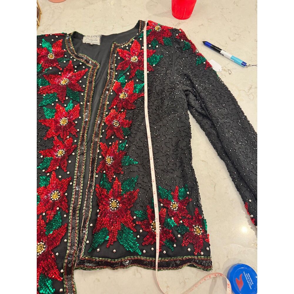 VTG Carina Black Beaded Sequin Blazer Floral Statement Holiday Jacket Size M - Picture 7 of 7